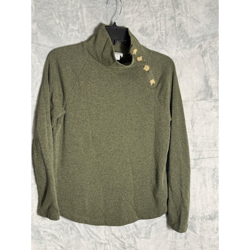 J. Crew‎ Womens XXS Button Collar Funnel Neck Sweatshirt Olive Green 
Pullover